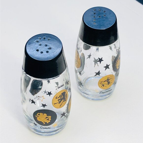 Vintage VAN PAK Zodiac Sign Stars Glass Salt Pepper Shaker Set Made in Canada - Picture 4 of 12